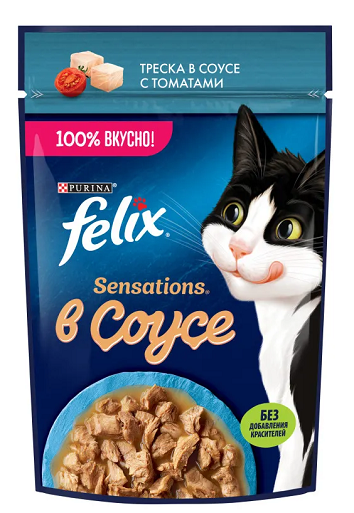 Felix (Феликс) - Сенсейшн кусочки трески с томатами в соусе для кошек, пауч 75 г
