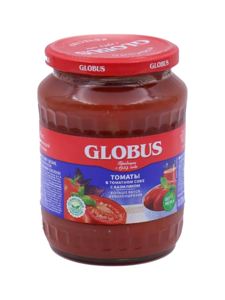 ТОМАТЫ GLOBUS 720МЛ В СОБСТЕННОМ СОКУ С БАЗИЛИКОМ