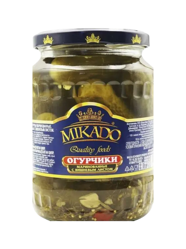 ОГУРЧИКИ MIKADO 720Г МАРИНОВАННЫЕ С ВИШ/ЛИСТОМ
