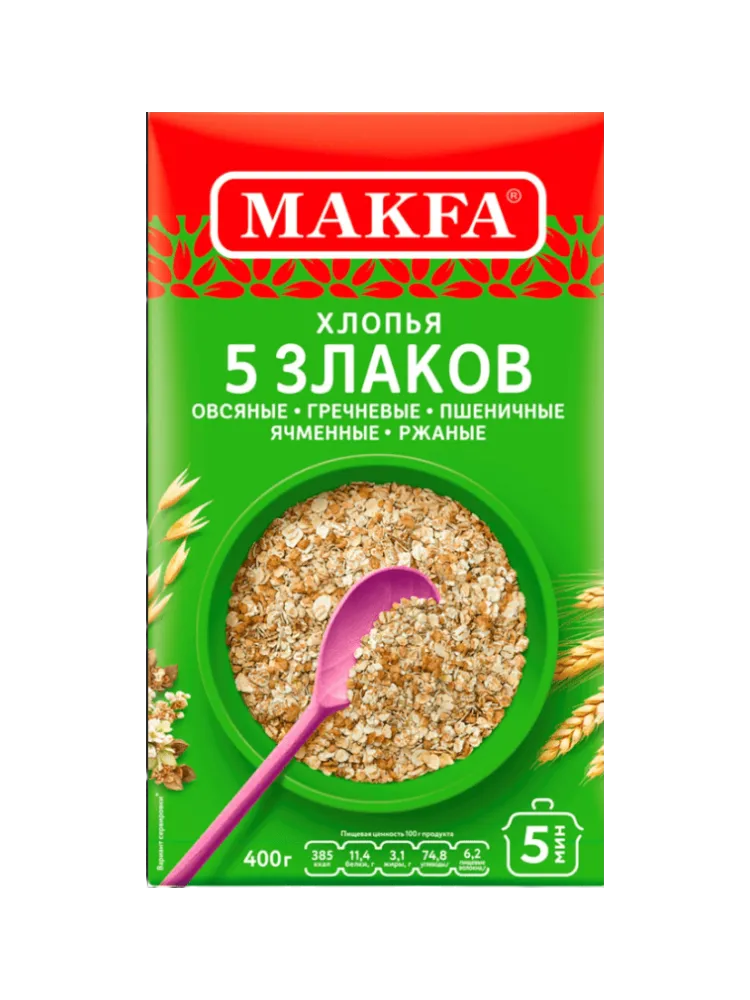 КРУПА МАКФА 400Г ХЛОПЬЯ 5 ЗЛАКОВ