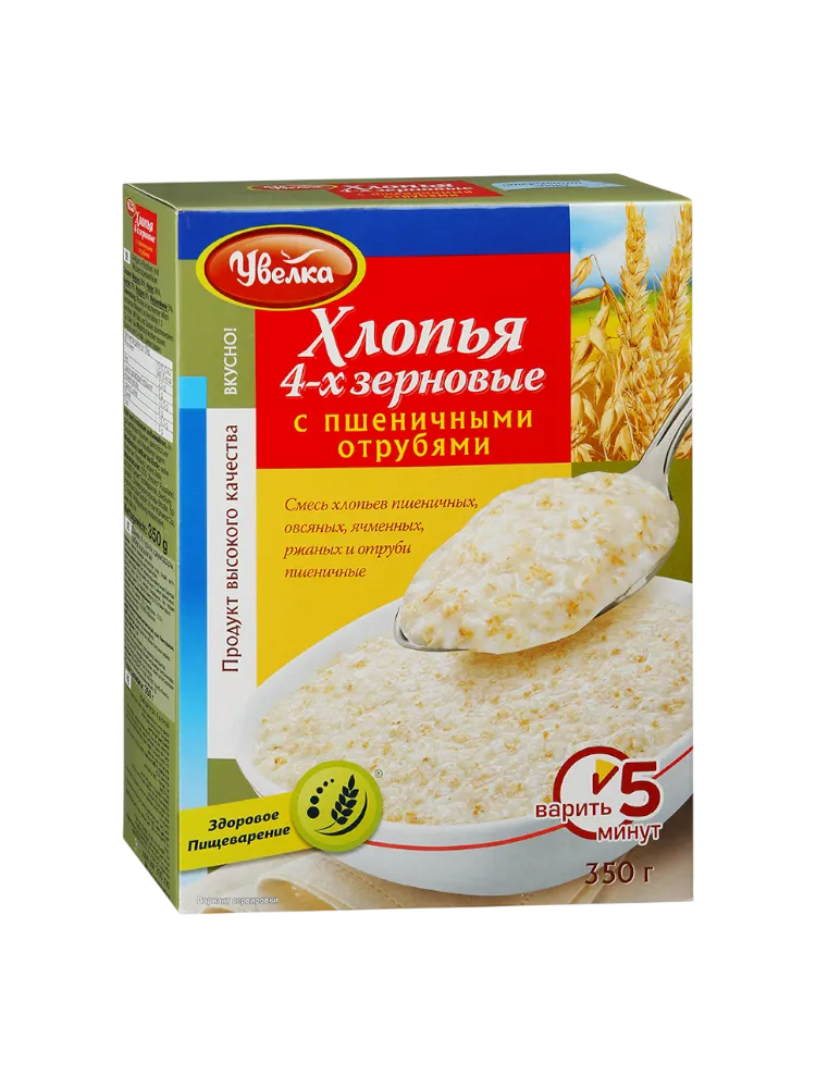 ХЛОПЬЯ УВЕЛКА 350Г 4Х ПШЕНИЧНЫЕ С ОТРУБЯМИ