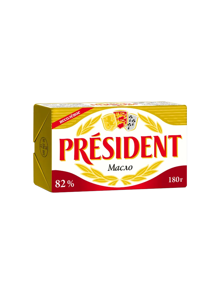 МАСЛО PRESIDENT 180Г КИСЛО-СЛИВОЧНОЕ Н/СОЛ В/С 82%