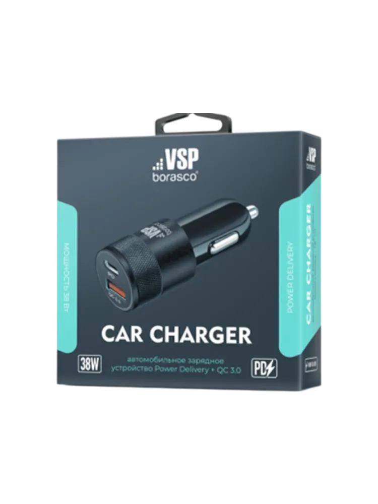Зарядное устройство для авто Borasco Power Delivery + QC 3.0, 38W, черное