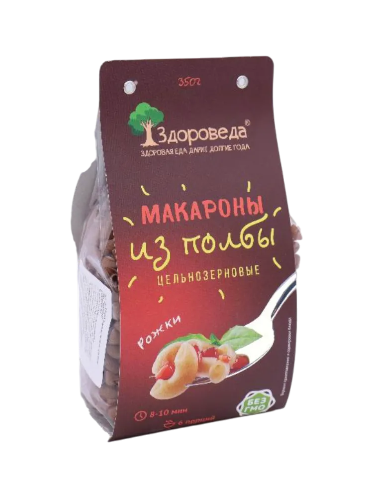МАКАРОНЫ ЗДОРОВЕДА 350Г РОЖКИ ИЗ ПОЛБЫ ЦЕЛЬНОЗЕРН