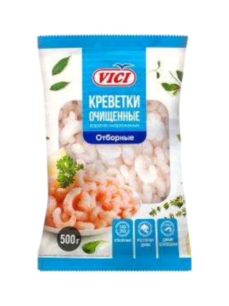 КРЕВЕТКИ VICI ОЧИЩЕННЫЕ 500ГР 150/250 ДУША ОКЕАНА ЗАМОРОЖ