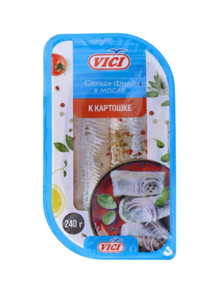 ПРЕСЕРВЫ VICI СЕЛЬДЬ 240Г ФИЛЕ К КАРТОШКЕ В МАСЛЕ