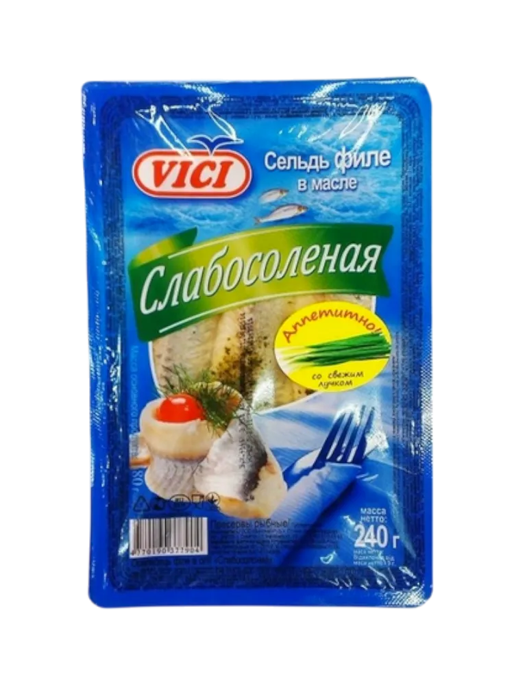 ПРЕСЕРВЫ VICI СЕЛЬДЬ 240Г ФИЛЕ СЛАБОСОЛ В МАСЛЕ