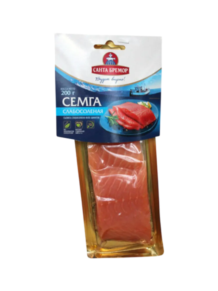 РЫБА СЕМГА САНТА-БРЕМОР 200Г ПОДКОПЧЕННАЯ ФИЛЕ-КУСОК В/У 
