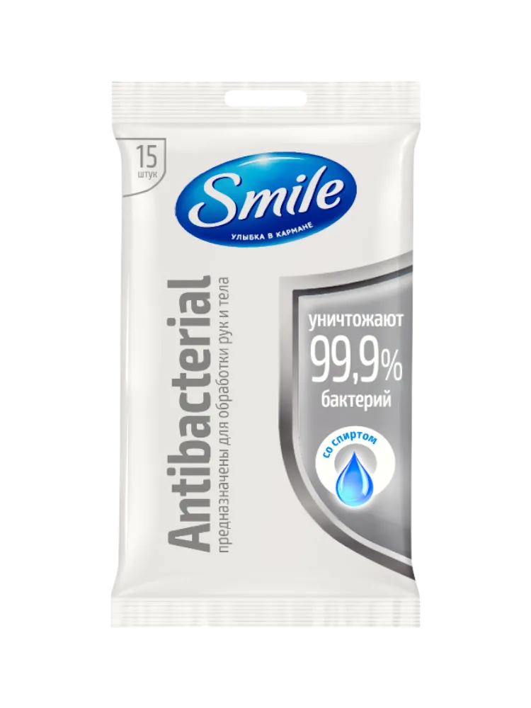 САЛФЕТКИ ВЛАЖ SMILE 15ШТ ANTIBACTERIAL В АССОРТ