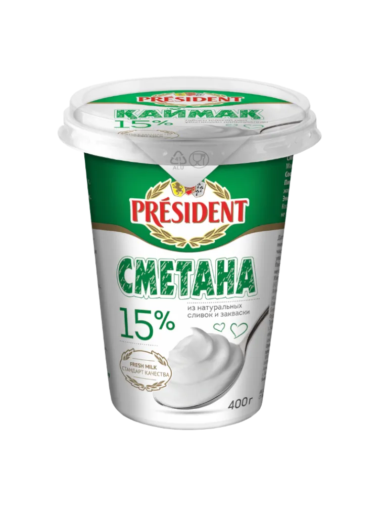 СМЕТАНА PRESIDENT 400Г 15% ПЛ/С