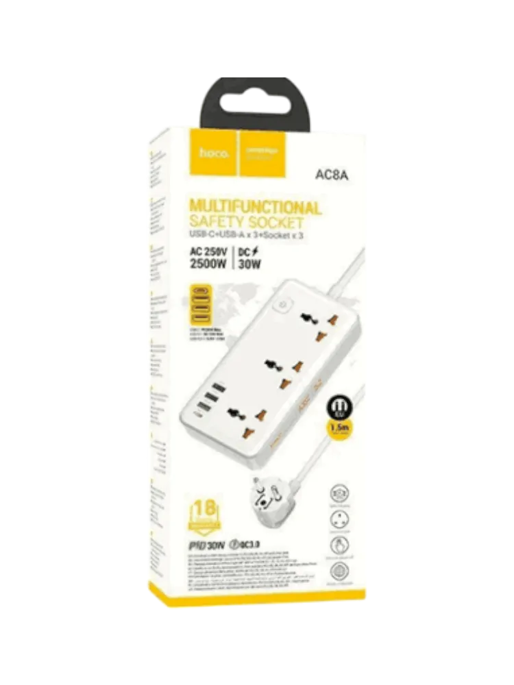 Сетевой фильтр Hoco  AC8A 3 гнезда + PD 30W + 3USB  белый