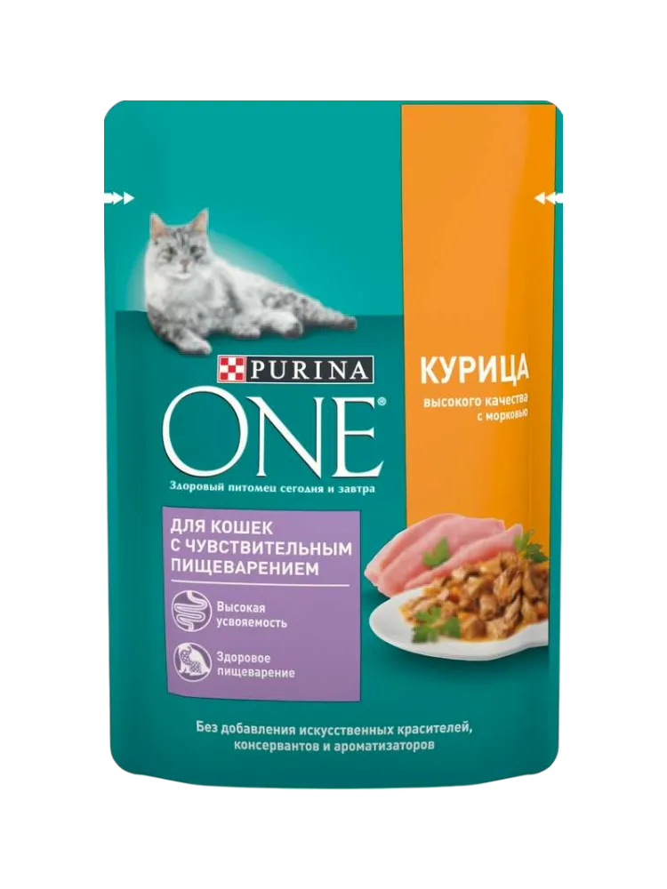 КОРМ Д/КОШЕК  С ЧУВСТВИТ ПИЩЕВАРЕНИЕМ PURINA ONE КУРИЦА С МОРКОВЬЮ 75ГР