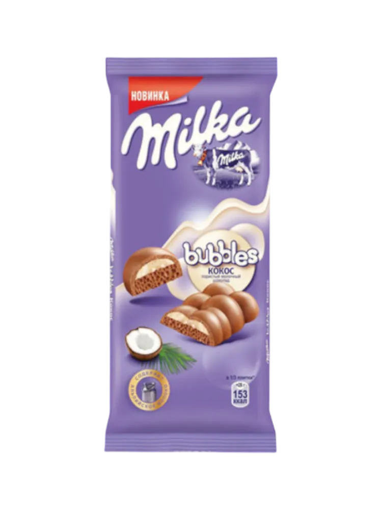 ШОКОЛАД MILKA BUBBLES 92Г МОЛОЧНЫЙ ПОРИСТЫЙ С КОКОСОМ