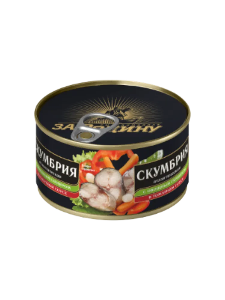 КОНСЕРВЫ СКУМБРИЯ С ОВОЩНЫМ ГАРНИРОМ В Т/С  185 ГР ЗА РОДИНУ - фото 1