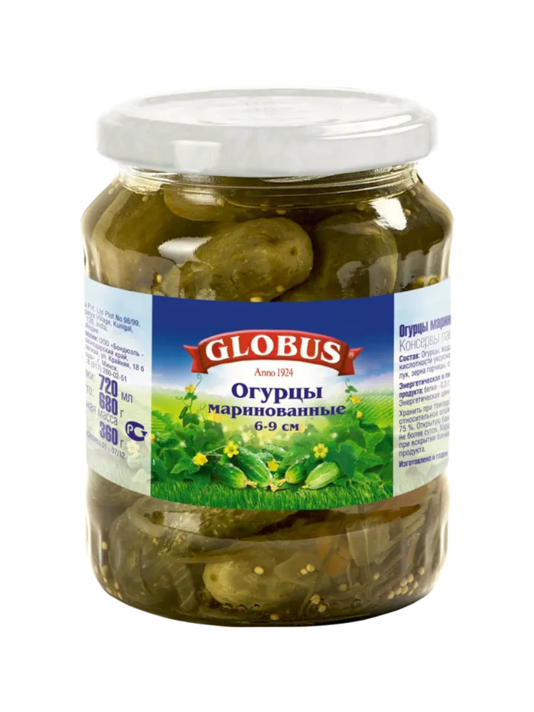 ОГУРЦЫ GLOBUS 720МЛ МАРИНОВАННЫЕ 6-9СМ 