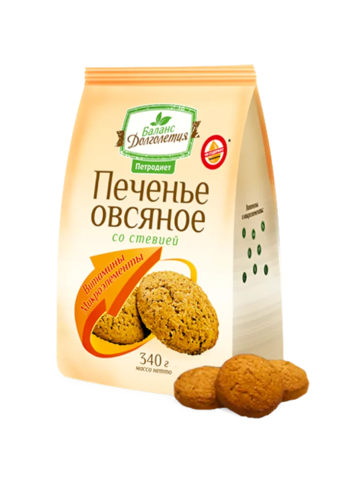 ПЕЧЕНЬЕ ПЕТРОДИЕТ 340Г ОВСЯНОЕ СО СТЕВИЕЙ НА ФРУКТОЗЕ