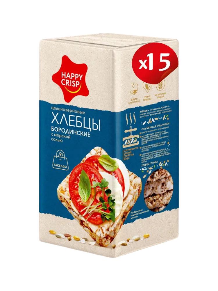 ХЛЕБЦЫ БОРОДИНСКИЕ "HAPPY CRISP" 60Г С МОРСКОЙ СОЛЬЮ  15ШТ 