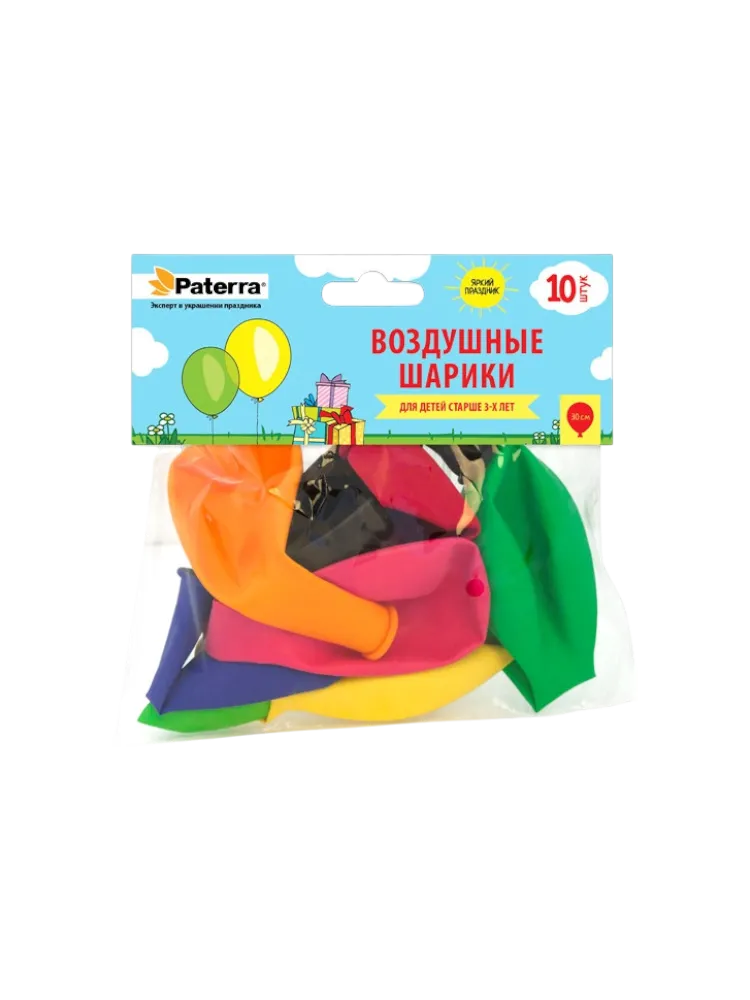 ШАРИКИ ВОЗДУШНЫЕ PATERRA 30СМ ЦВ Б/РИС 10ШТ