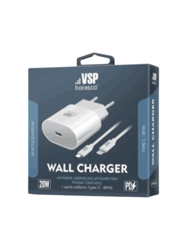 Сетевое зарядное устройство Borasco Power Delivery 20W + Дата-кабель Type-C - 8 pin, 3А, 1м, белое, 