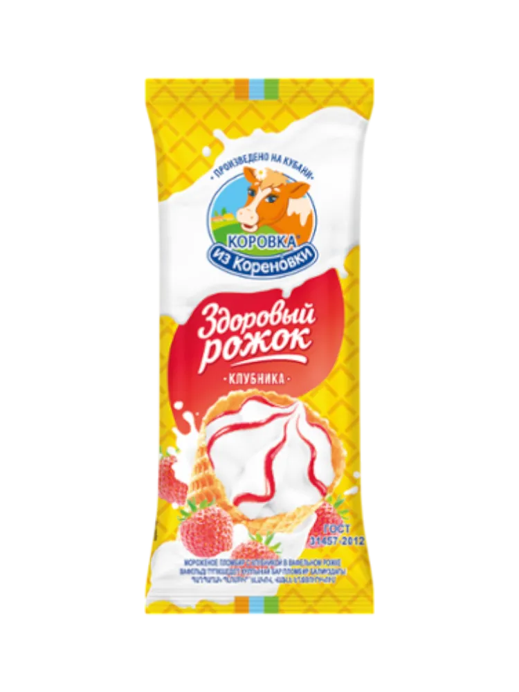 МОРОЖ КОРОВКА ИЗ КОРЕНОВКИ 120Г РОЖОК С КЛУБНИКОЙ