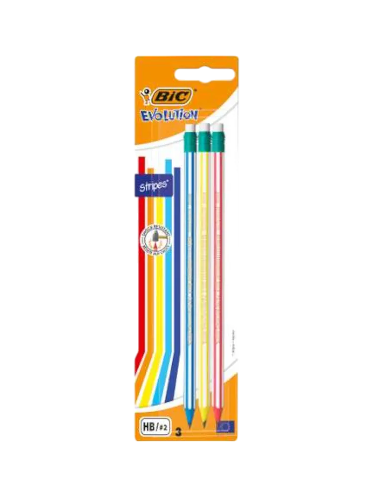 КАРАНДАШ BIC ЭВОЛЮШН СТРАЙПС 3ШТ ПЛАСТИК С ПОЛОСКАМИ И ЛАСТИКОМ