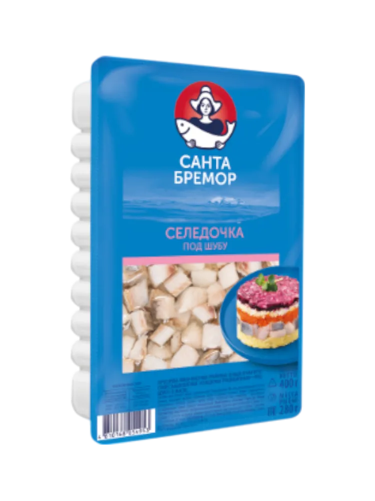 ФИЛЕ СЕЛЬДИ САНТА БРЕМОР СЕЛЕДОЧКА ПОД ШУБУ 400Г КУСОЧКИ РУБЛЕНЫЕ СЛАБОСОЛЕНЫЕ(6)
