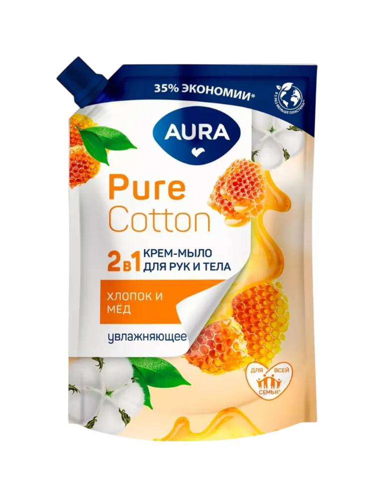 КРЕМ-МЫЛО AURA PURE COTTON 2В1 ДЛЯ РУК И ТЕЛА ХЛОПОК И МЁД ДОЙ/ПАК 450МЛ (12)