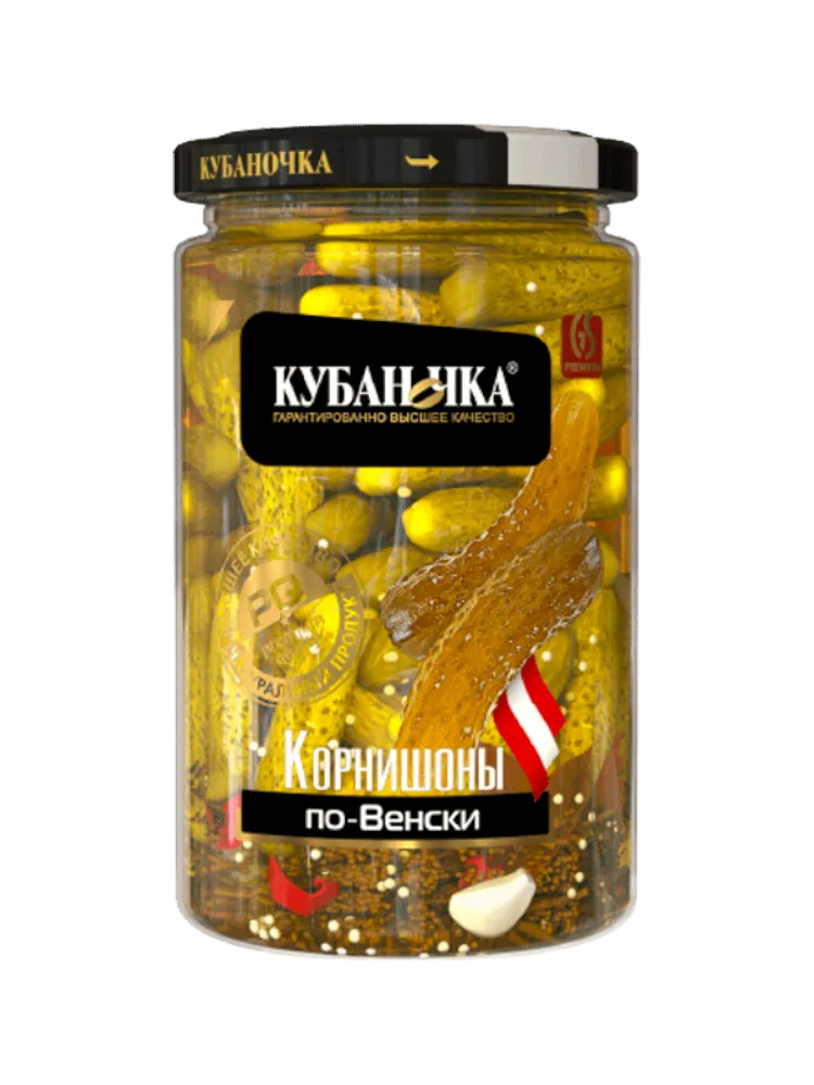 КОРНИШОНЫ КУБАНОЧКА ПО-ВЕНСКИ МАРИНОВАННЫЕ 360МЛ СТ/Б 