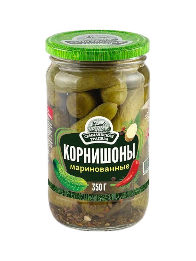 КОРНИШОНЫ СЕМИЛУКСКАЯ ТРАПЕЗА МАРИНОВАНЫЕ 350Г СТ/Б