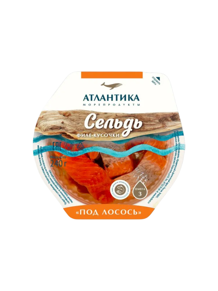СЕЛЬДЬ АТЛ ФИЛЕ КУСОЧКИ В МАСЛЕ ПОД ЛОСОСЬ 240Г
