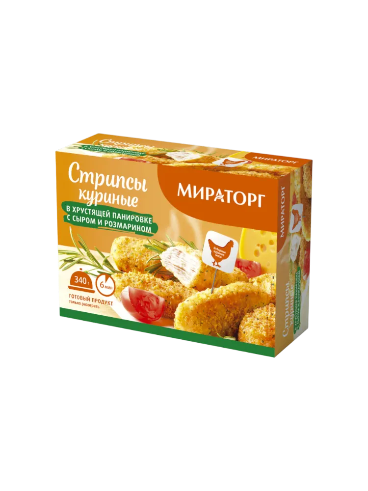СТРИПСЫ КУРИНЫЕ МИРАТОРГ 340Г В ХРУСТ ПАНИР С СЫРОМ И РОЗМАРИНОМ