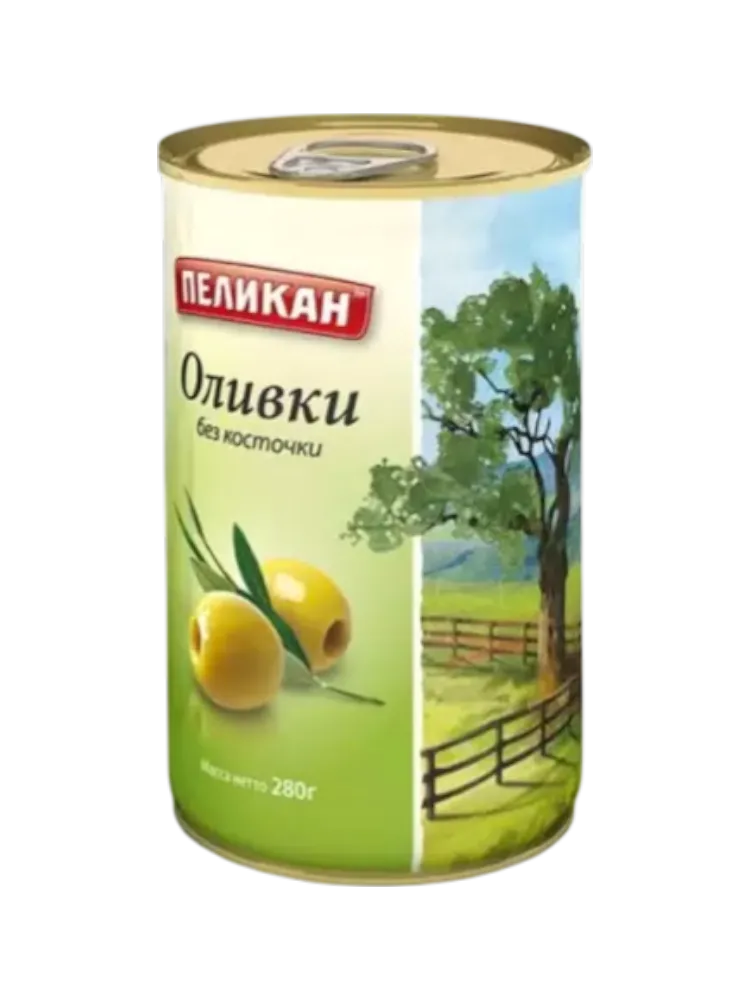 ОЛИВКИ БЕЗ КОСТОЧКИ ПЕЛИКАН 280ГР