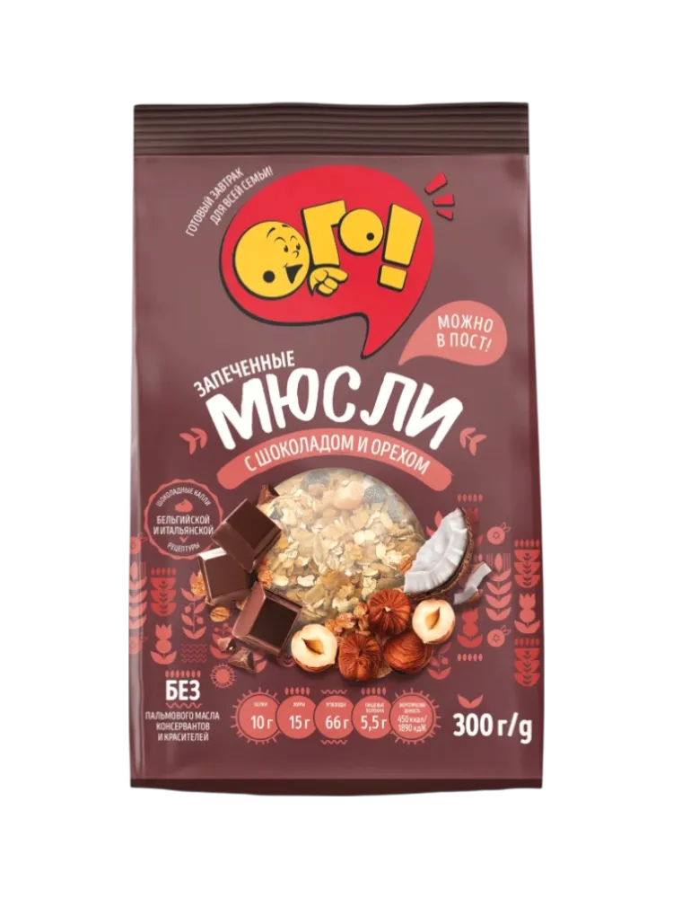 МЮСЛИ ОГО ЗАПЕЧЁННЫЕ С ШОКОЛАДОМ И ОРЕХОМ 350Г