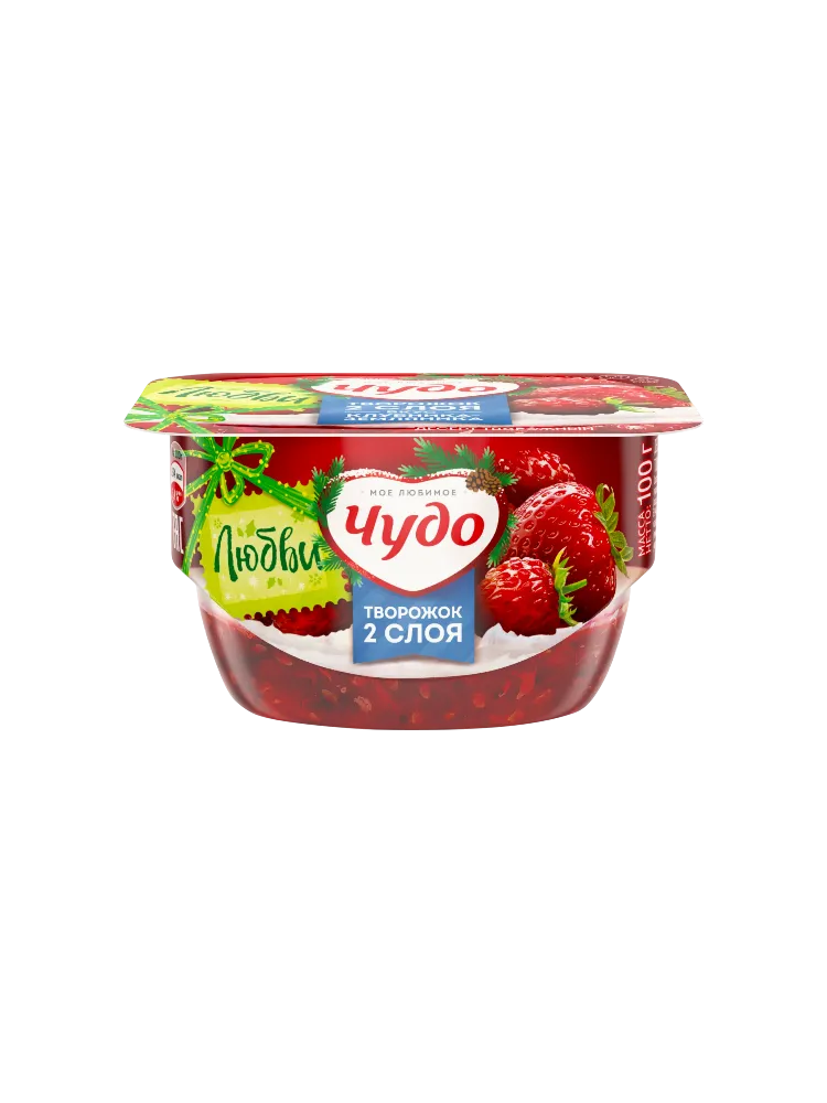 ЙОГУРТ ЧУДО КЛУБНИКА ТВОРОЖ 2 СЛОЯ 4% 100Г - фото 1