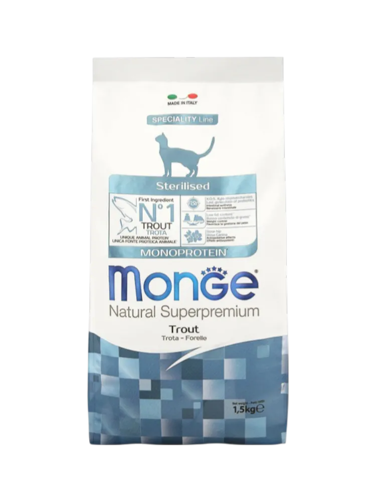 Сухой корм для стерилизованных кошек Monge Natural Superpremium, профилактика избыточного веса с форелью 1.5 кг