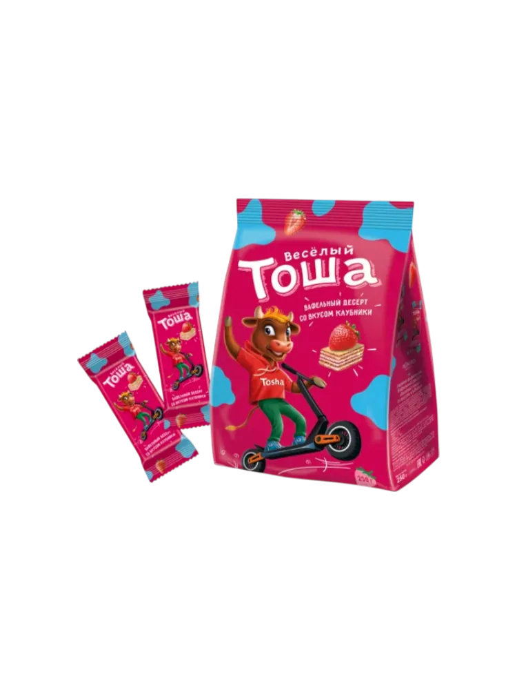 ВАФЛИ ВЕСЕЛЫЙ ТОША СО ВКУСОМ КЛУБНИКИ 250Г