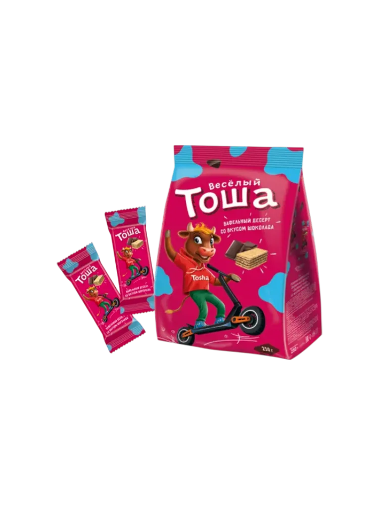 ВАФЛИ ВЕСЕЛЫЙ ТОША СО ВКУСОМ ШОКОЛАДА 250Г