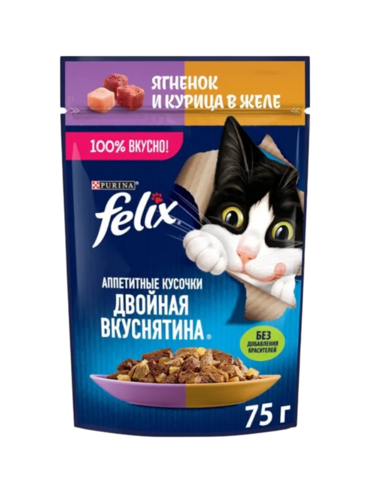 КОРМ Д/КОШЕК FELIX ДВОЙНАЯ ВКУСНЯТИНА ЖЕЛЕ ЯГНЕНОК/КУРИЦА 75Г
