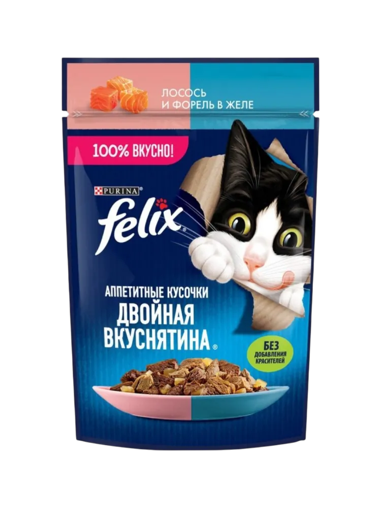 КОРМ Д/КОШЕК FELIX ДВОЙНАЯ ВКУСНЯТИНА ЖЕЛЕ ЛОСОСЬ/ФОРЕЛЬ 75Г