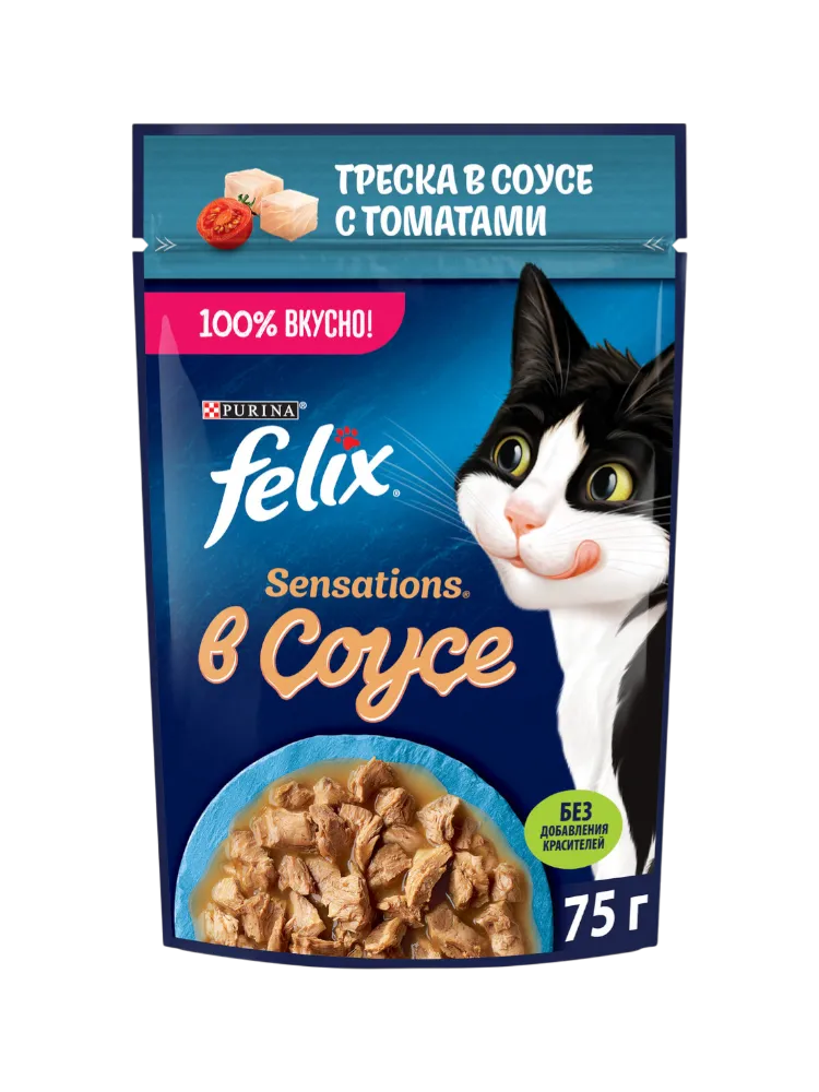 КОРМ Д/КОШЕК FELIX SENSATIONS ТРЕСКА ТОМАТ СОУС 75Г