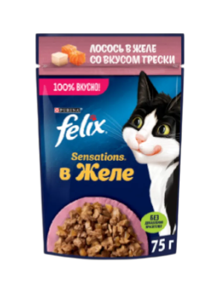 КОРМ Д/КОШЕК FELIX SENSATIONS ЛОСОСЬ ТРЕСКА ЖЕЛЕ 75Г