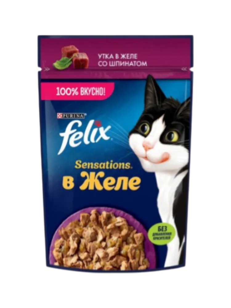 КОРМ Д/КОШЕК FELIX SENSATIONS УТКА ШПИНАТ ЖЕЛЕ 75Г