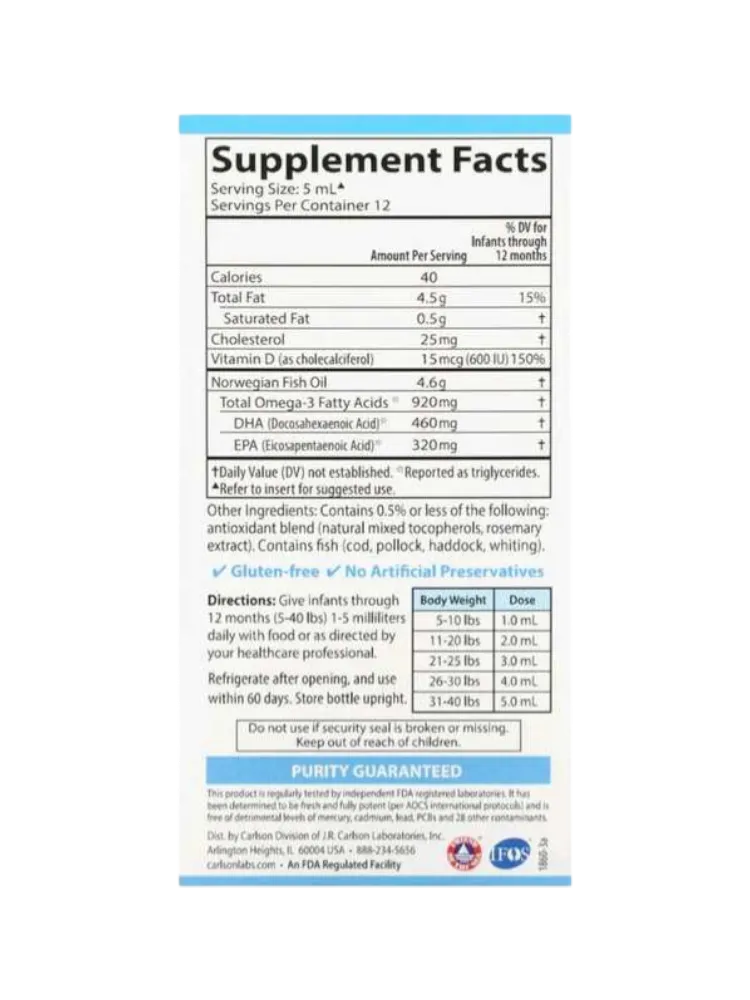 Омега 3 с витамином Д3 для младенцев. Carlson Baby's DHA **1,100 mg Omega-3s with Vitamin D3** **2 fl oz (60 ml)** - фото 3