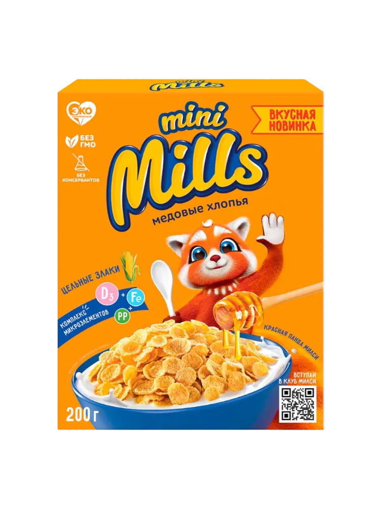 ХЛОПЬЯ MINI MILLS 200Г КУКУРУЗНЫЕ МЕДОВЫЕ