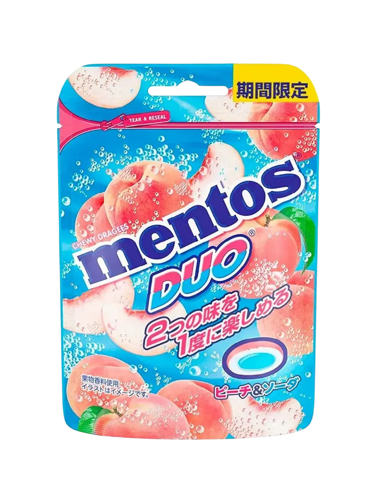 КОНФЕТА ЖЕВАТЕЛЬНАЯ MENTOS DUO СО ВКУСОМ ПЕРСИКА И СОДОВОЙ 45Г