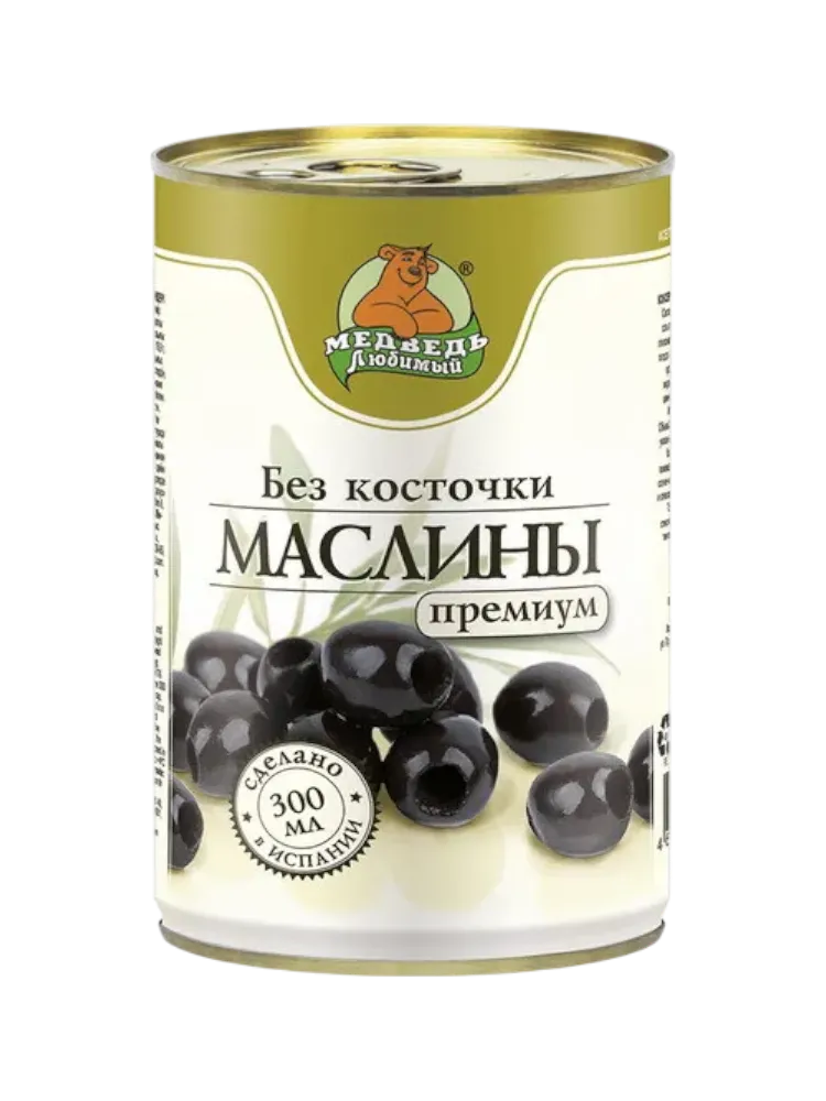 МАСЛИНЫ МЕДВЕДЬ ЛЮБИМЫЙ 300Г БАРКО ЧЕРНЫЕ Б/К Ж/Б КЛЮЧ