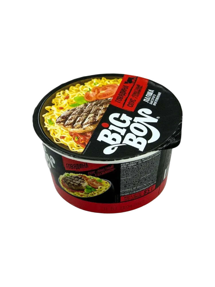 ЛАПША BIG BON 85Г ГОВЯДИНА + СОУС ТОМАТ С БАЗИЛИКОМ ТАРЕЛКА