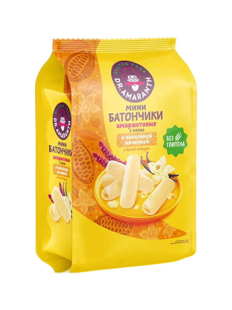 МИНИ БАТОНЧИКИ DR.AMARANTH 100Г С КАКАО И ВАНИЛЬНОЙ НАЧИНКОЙ В БЕЛОЙ ГЛАЗУРИ
