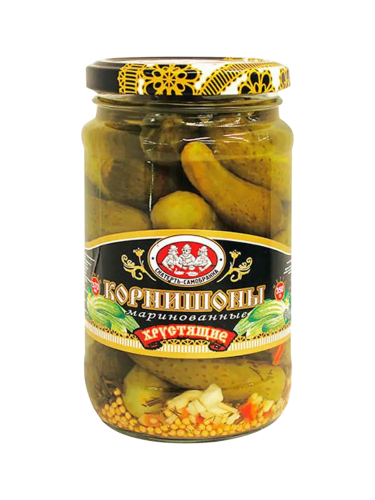 КОРНИШОНЫ МАРИНОВАННЫЕ СКАТЕРТЬ-САМОБРАНКА 370МЛ ХРУСТЯЩИЕ СТ/Б
