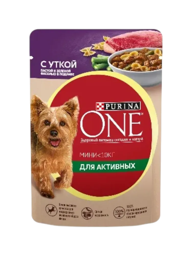 КОРМ Д/СОБАК PURINA ONE 85Г Д/АКТИВНЫХ МИНИ СОБАК УТКА С ПАСТОЙ/ЗЕЛ ФАСОЛЬЮ